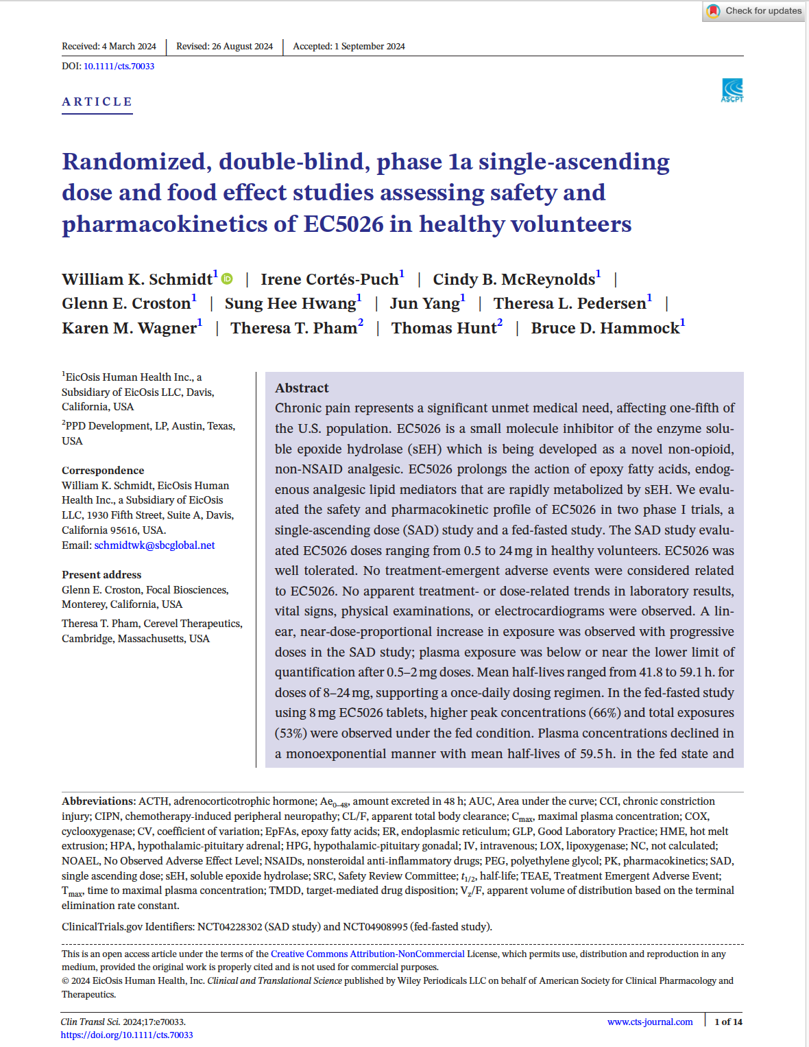 First page of a scientific paper entitled "Randomized, double-blind, phase 1a single-ascending dose and food effect studies assessing safety and pharmacokinetics of EC5026 in healthy volunteers"